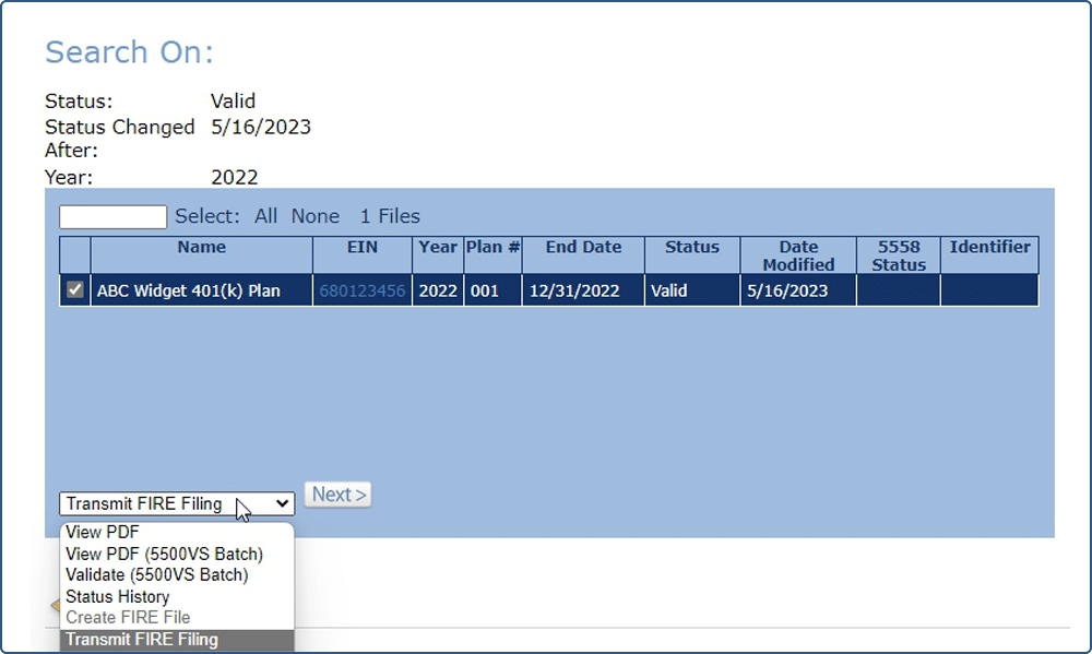 Transmit 8955-SSA filing screenshot